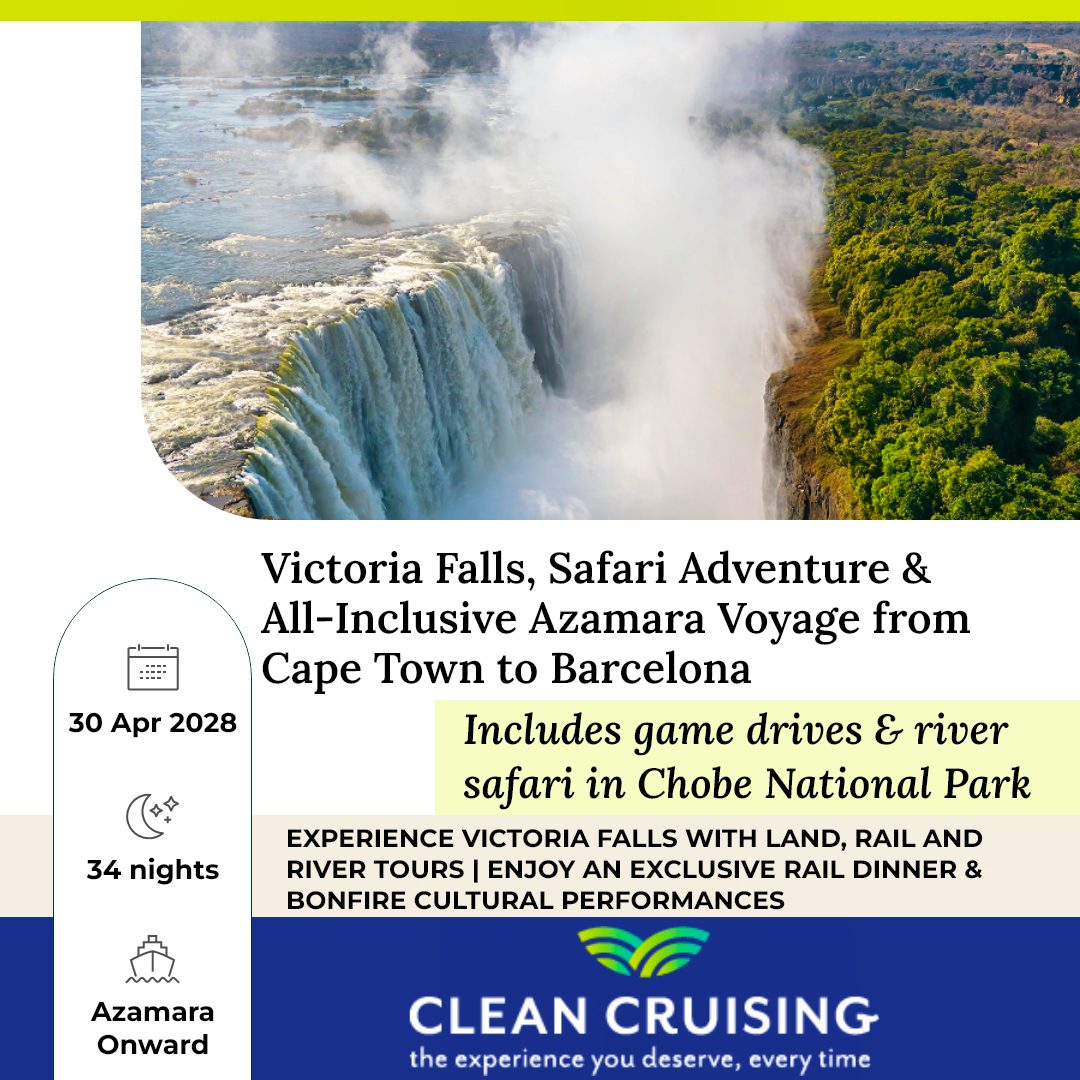 34 Night Victoria Falls, Safari Adventure & All-Inclusive Azamara Voyage from Africa to Europe
